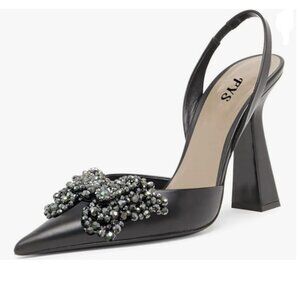 FYS Black Pointed Toe Butterfly Crystal Slingback Chunky High Heel Sandal